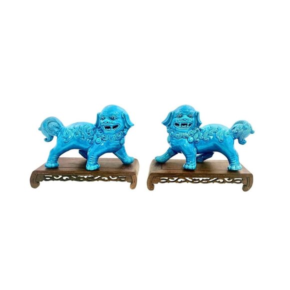 Vintage Chinese Blue Porcelain Foo Fu Dog Guardion Lion Large Statue Wood Base